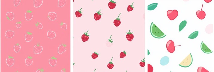 Poster - Smiling watermelon, cherry, and strawberry feature in a kid's seamless pattern. An exotic fruit fashion print. Suitable for baby textiles or clothes. Hand-drawn doodles create repeating delicacies.