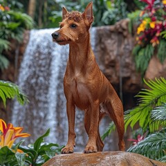 Wall Mural - Majestic Dog Posing by Stunning Waterfall in Lush Tropical Jungle Paradise, Surrounded by Vibrant Foliage and Colorful Exotic Flowers, Captivating Nature Scene