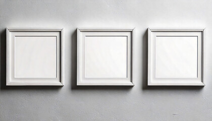 Wall Mural - Three blank wood square frames on white wall, mock up with copy space