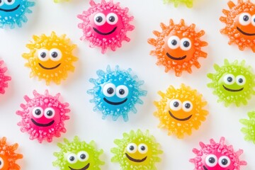 Aufkleber - Bright cheerful microbes are smiling and expressing joy in a colorful arrangement on a white surface during daylight. Generative AI