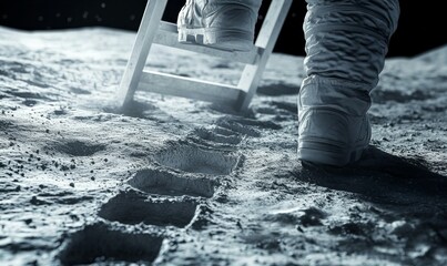 Wall Mural - low-angle shot of ladder on moon surface with astronaut's footprints , white, grey, gear