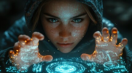 Poster - Futuristic Hacker Cybercrime Digital Interface Cyberpunk QR Code Hacking Security Technology