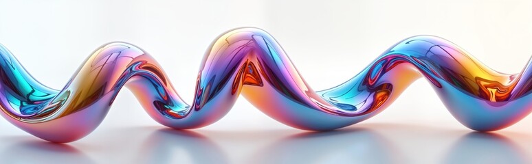 Poster - Colorful iridescent metallic glass shapes create twisted graphic design. Abstract liquid-like forms flow, twist creating three-dimensional effect. Shapes isolated against plain white background.