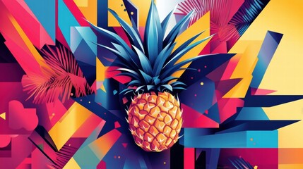 Poster - Geometric pineapple design featuring vibrant colors and abstract shapes in a modern artistic style. Generative AI