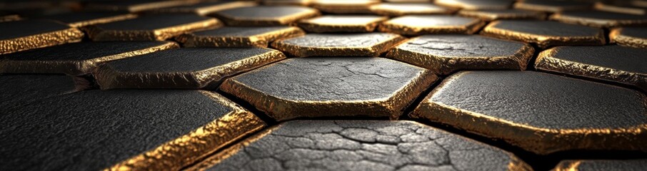 Poster - A black metal background with a hexagonal abstract design and golden light lines, overlaid with a dark 3d geometric texture illustration and a bright grid pattern, accompanied by a horizontal black