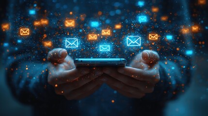 Poster - A person holds a smartphone with glowing email icons. This symbolizes communication, messaging, and digital connectivity. It can be used for apps related to email, social media, or online messaging.