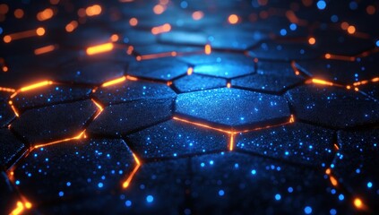 Poster - futuristic digital landscape with glowing hexagonal networks for technology and innovation