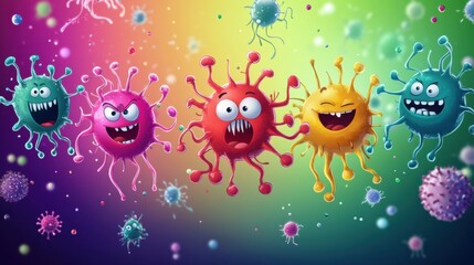 Poster - Playful cartoon viruses engage in a colorful battle against friendly antibodies in a vibrant setting. Generative AI