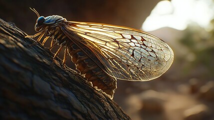 Wall Mural -  A high-resolution image of a giant insect perched on a tree limb, illuminated by the sun as it spreads its wings