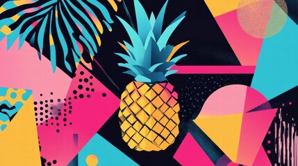 Poster - Abstract geometric design featuring a vibrant pineapple surrounded by colorful shapes and patterns. Generative AI
