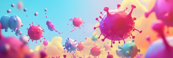 Poster - Playful cartoon viruses engage in lively battle with antibodies in vibrant colorful environment. Generative AI