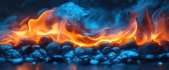 Wall Mural - Fiery embers glowing with blue and orange flames. (1)