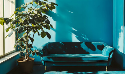 Wall Mural - A cozy blue room featuring a plush sofa and a leafy plant by the window.