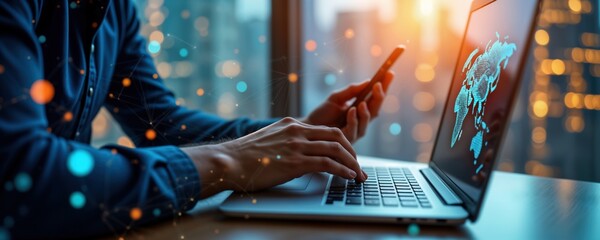 Leinwandbilder - Person uses laptop, mobile phone. Global network connection shown on screen. Modern tech innovation. Person works remotely manages online business. Futuristic digital world. Person engaged in online