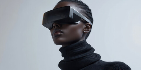 Wall Mural - Close-up of a model wearing minimalist augmented reality goggles paired with a slim turtleneck and a matte black scarf captured in a studio with directional lighting to highlight sleek textures