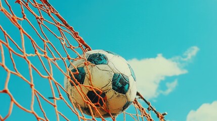 A soccer ball placed inside a goal net with a bright blue sky in the background.