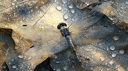 Wall Mural -   A macro shot of a dragonfly perched on a leaf, with droplets of water splashing around it in the background