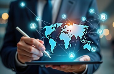 Aufkleber - Businessman uses tablet displaying global network connection. Virtual world map with tech icons shows global internet network concept. Businessman explores IoT. Global network. Modern digital tech