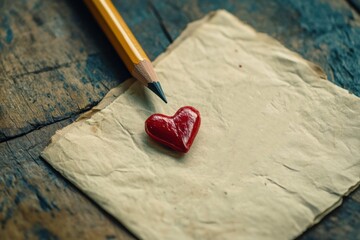 Red heart rests on aged paper near a pencil