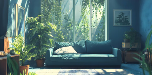 Wall Mural - A serene living room filled with natural light and lush plants, creating a calming atmosphere.