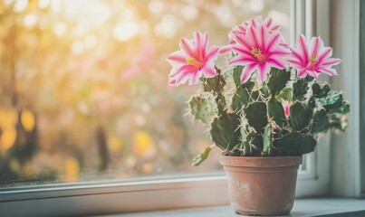 Wall Mural - Pink Schlumbergera cactus blooming on windowsill, blooming cacti, pink cactus blooming, tropical plants