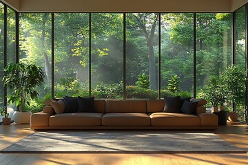 Wall Mural - Modern Living Room With Large Window And Lush Green View