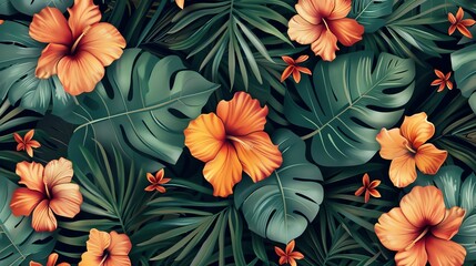 Wall Mural - Tropical seamless pattern with hibiscus flowers and green leaves.