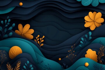 Poster - Paper-style green and gold floral designs on a black backdrop