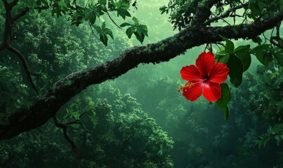 Red Hibiscus flower on the tree branch in a lush green forest, tree branches, forest landscape, tree leaves