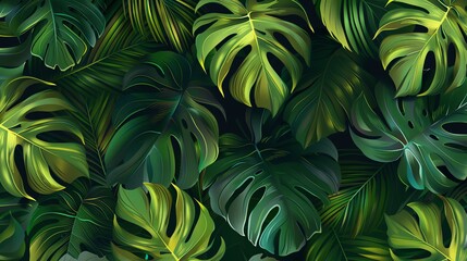 Wall Mural - A lush tropical pattern of green leaves.