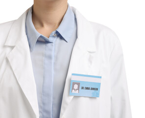 Wall Mural - Doctor with badge on white background, closeup