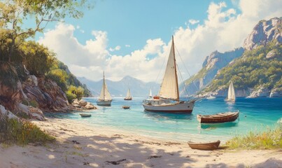 Wall Mural - Sailboats Anchored in a Sunny Coastal Cove