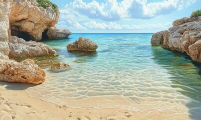 Wall Mural - Sabbia dorata lungo una spiaggia con acque cristalline e rocce, Puglia, paesaggi italiani, paesaggi di mare