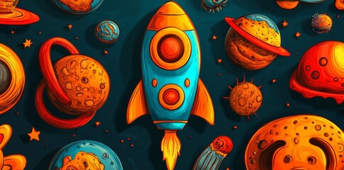 Wall Mural - galaxy rocket backdrop, flat modern illustration with a seamless repeat pattern of stars and planets
