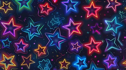 Canvas Print - a seamless pattern with neon stars and streaks on a dark background.