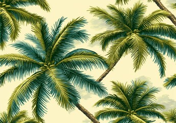 Poster - Hand drawn palm tree seamless pattern illustration set, featuring a Hawaiian print collection. Perfect for a summer vacation background with a vintage art style. Tropical plant painting wallpaper