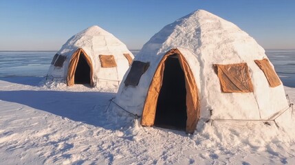 Wall Mural - two igloos standing on frozen lake in bright sunlight