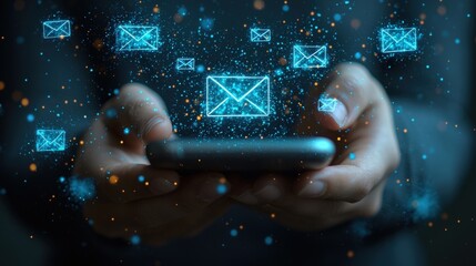 Poster - A person uses a smartphone with holographic email icons floating above it. Suggests seamless email access and communication on mobile devices.