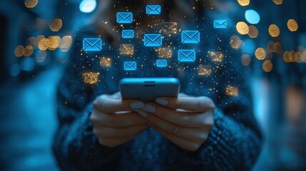 Poster - A person checks email on a smartphone. Ideal for illustrating communication, mobile technology, or messaging apps.  Use this image for blog posts, articles, or social media.