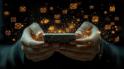 Poster - Hands hold a phone with glowing email icons emanating from it. Ideal for email marketing or communication app visuals.