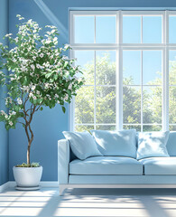 Wall Mural - A serene living room with a blue theme, featuring a cozy couch and a potted tree.