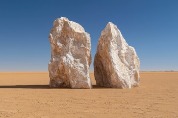 Two large white rocks stand in the middle of a desert under a clear blue sky