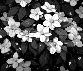 Poster - Seamless pattern featuring abstract flowers in a dotted style, overlayed on a backdrop of flowers and leaves