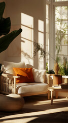 Wall Mural - A cozy, sunlit living space featuring a comfortable sofa, plants, and natural decor.