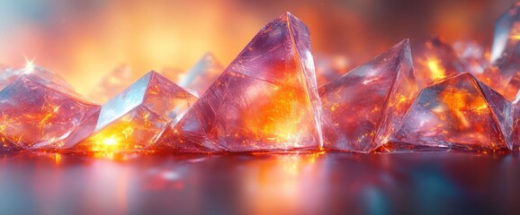 Wall Mural - Glowing crystals reflecting light, fiery orange and blue hues.