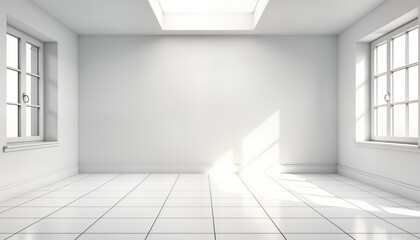 Poster - Empty white room with bright sunlight. Modern interior design. Clean white walls, ceramic tile floor. Perspective view. Empty space. Large window. Ceiling strip light. Concept image for home design,