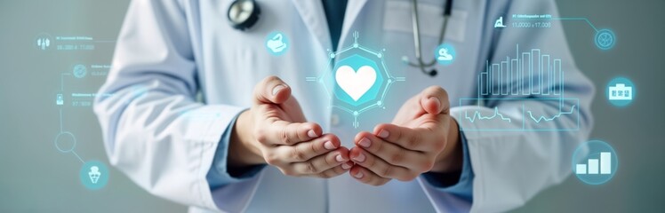Aufkleber - Doctor in lab coat holds tech heart icon. Modern healthcare concept. Person uses digital tech to analyze patient data. Hospital setting. Futuristic medical diagnosis scene. Shows tech, health care