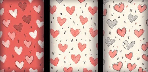Poster - Valentines day backgrounds enhanced by a set of trendy hand-drawn doodle seamless pattern with hearts