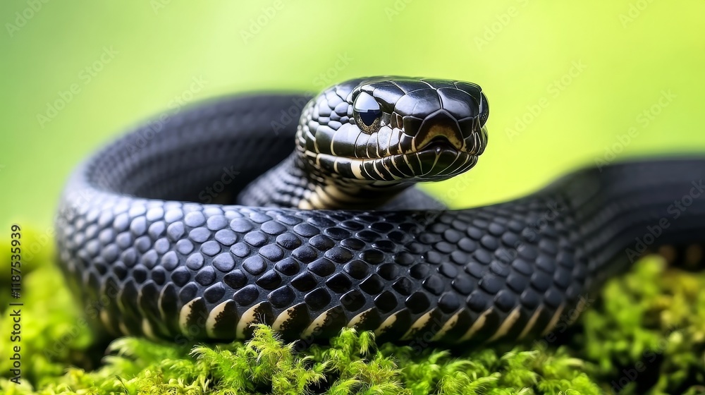 A baby Naja sputatrix snake, ready for an attack, is presented in a close-up shot on moss