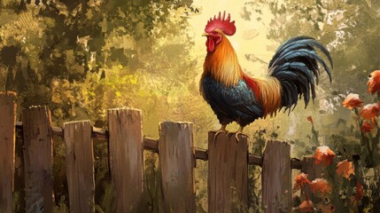 Poster - Rooster stands proudly on a wooden fence in a sunlit garden surrounded by lush greenery and colorful flowers. Generative AI